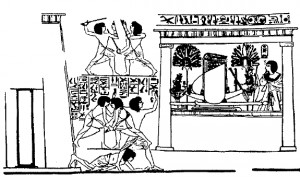 birkózók ünnepi felvonuláson, Amenmesz sírja, TT19. (forrás: Decker W., Sports and Games of Ancient Egypt, Cairo 1993, 82. old., 51. ábra)